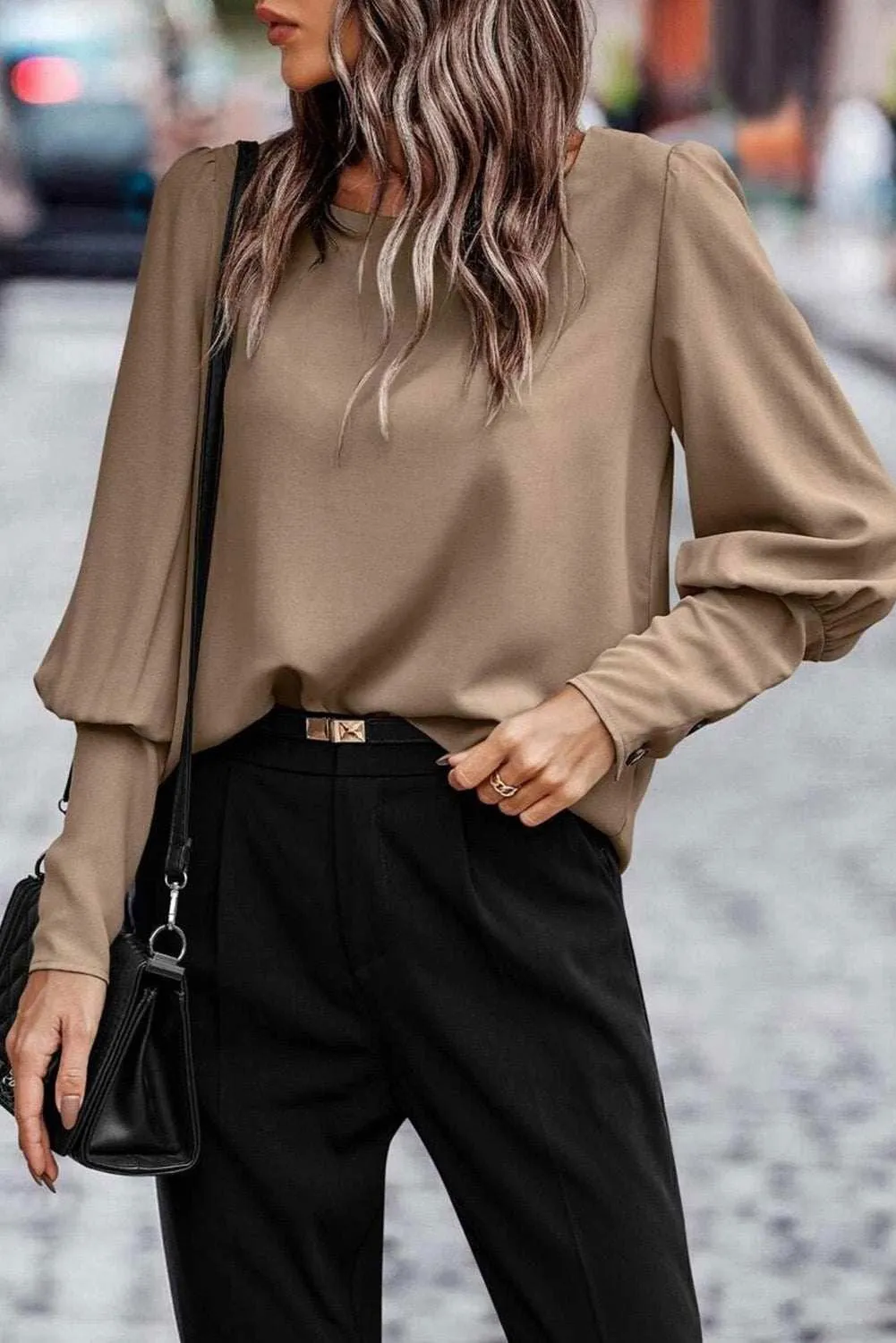 Black Basic Leg-of-mutton Sleeve Round Neck Blouse | Shop Now