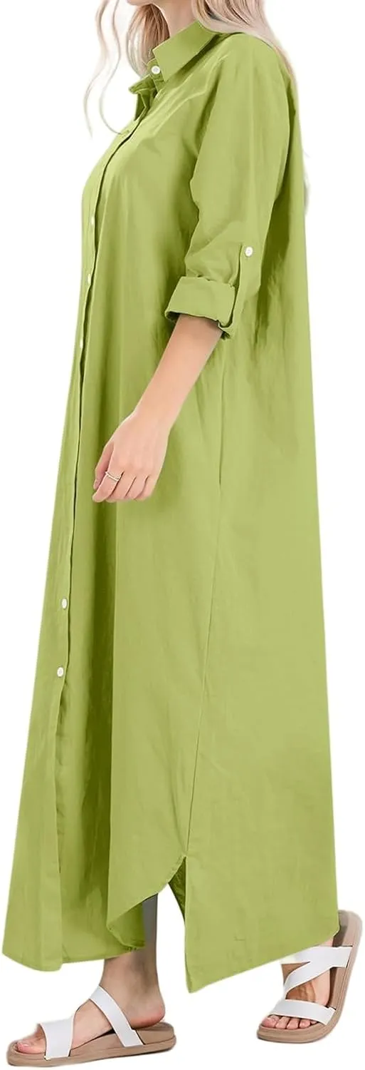 Button Down Dress for Women Cotton Summer Long Dresses Casual Loose Split Long Sleeve Maxi Shirt Dress Sundress Pocket