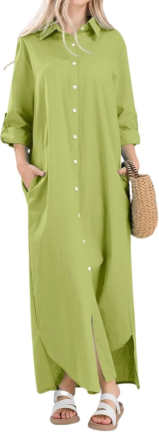 Button Down Dress for Women Cotton Summer Long Dresses Casual Loose Split Long Sleeve Maxi Shirt Dress Sundress Pocket