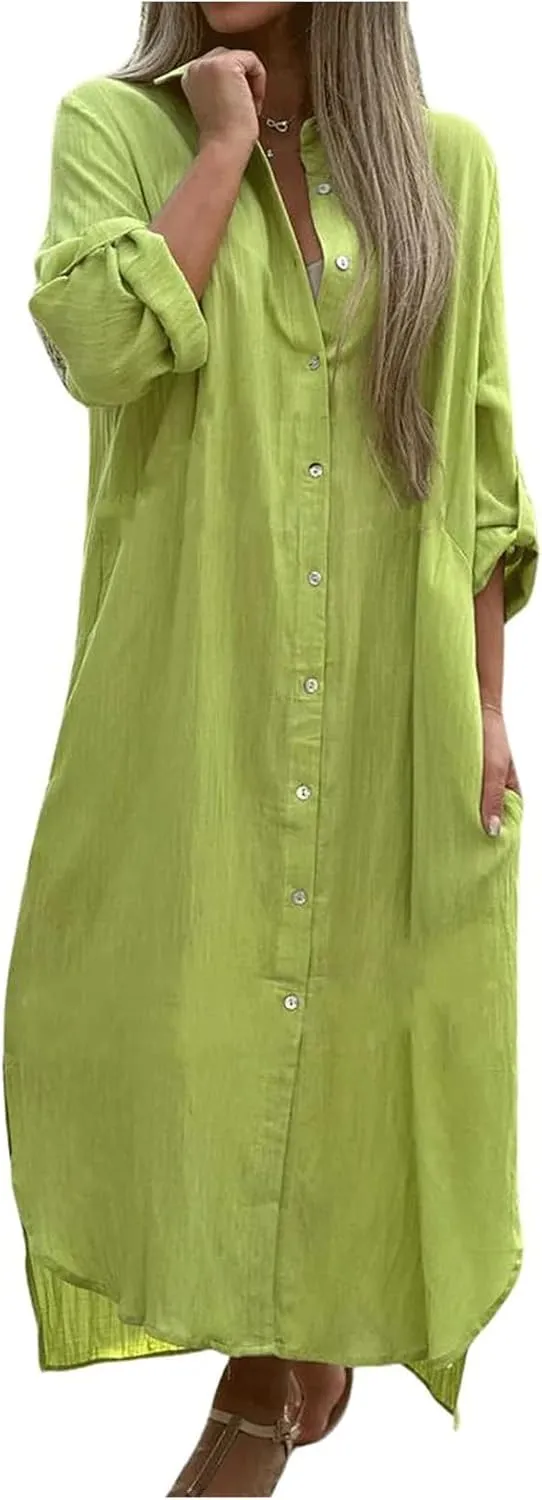 Button Down Dress for Women Cotton Summer Long Dresses Casual Loose Split Long Sleeve Maxi Shirt Dress Sundress Pocket