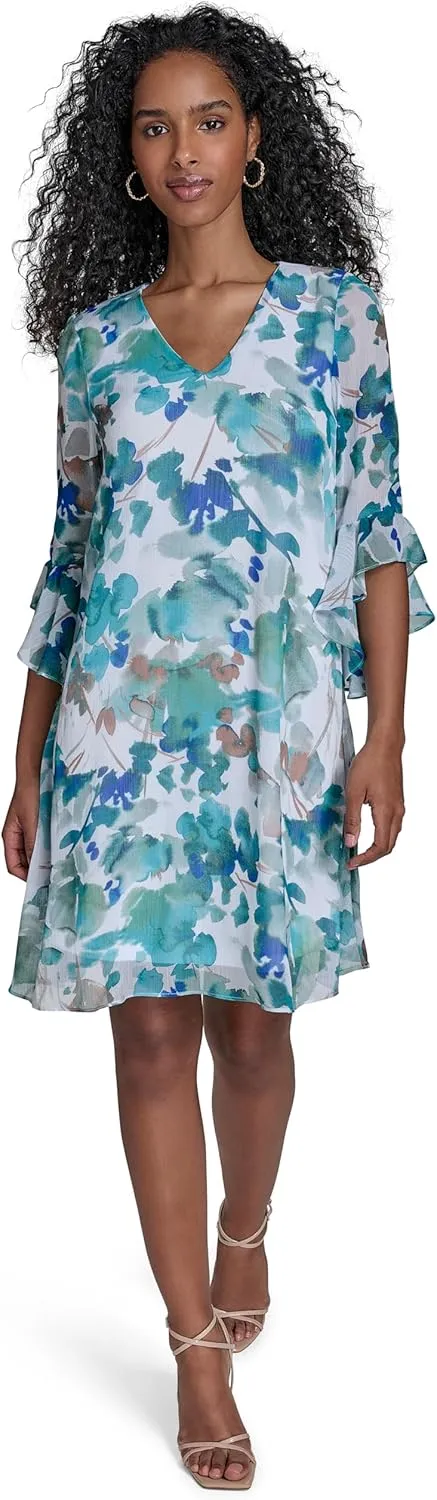 Calvin Klein Women's Chiffon Shift 3/4 Sleeve Event Dress