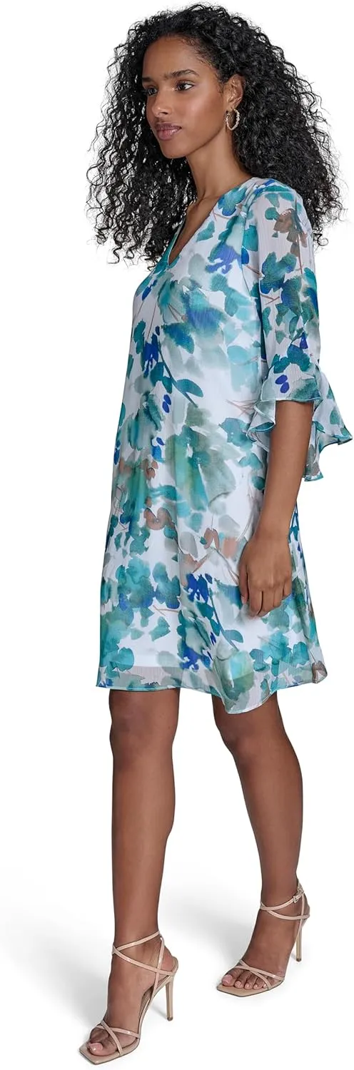 Calvin Klein Women's Chiffon Shift 3/4 Sleeve Event Dress