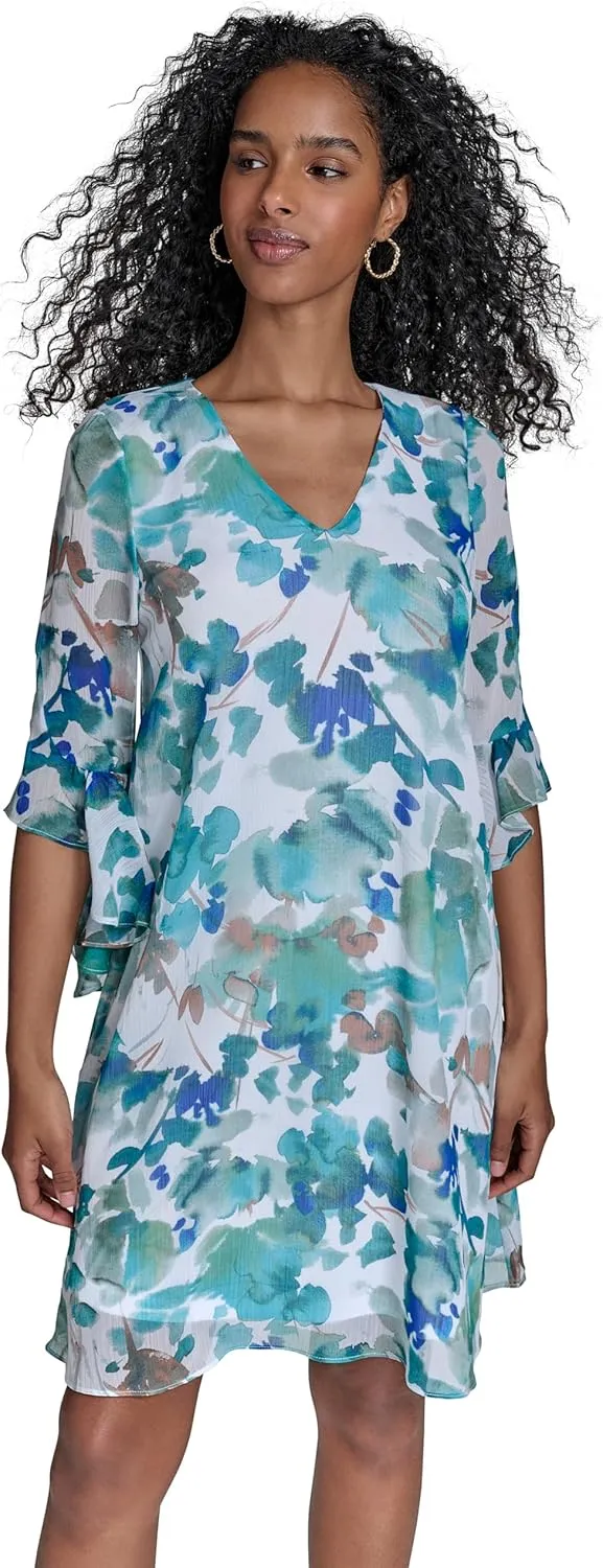 Calvin Klein Women's Chiffon Shift 3/4 Sleeve Event Dress