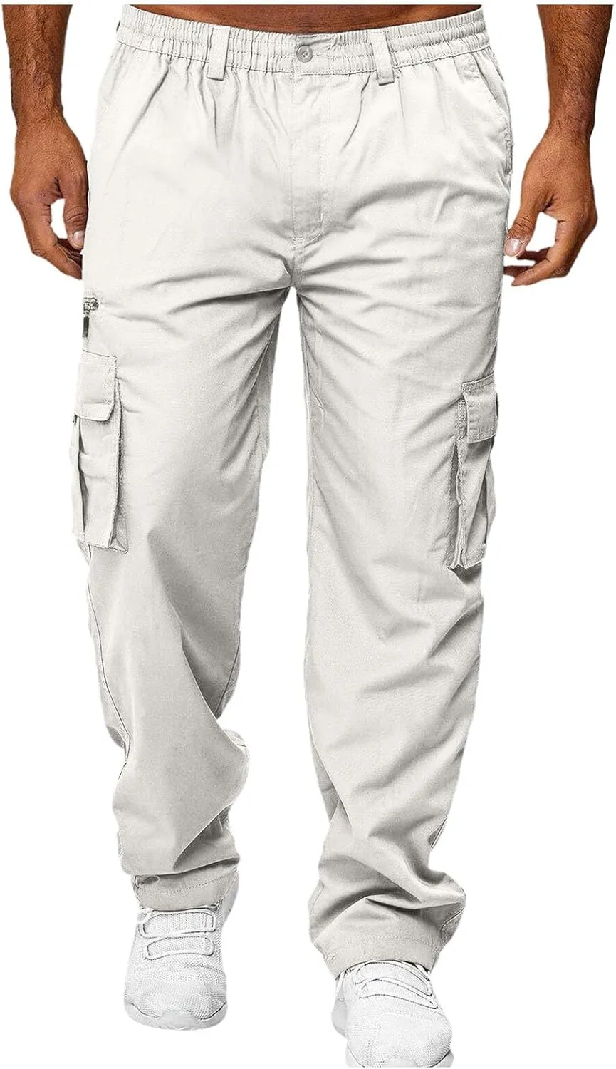 Cargo Pants for Men Wide Leg Pockets Elastic Waist Slim Legs Breathable Soft Fit Elasticity Comfy Fashion Trousers