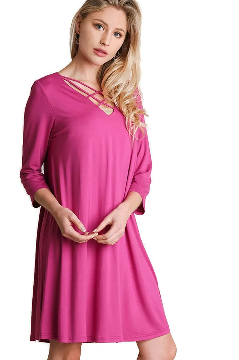 Casual Crossed Neck Shift Dress, Raspberry