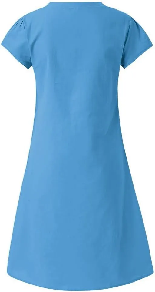 Casual Dresses for Women Plus Size Cotton Linen Midi Dress Loose Solid V Neck Short Sleeve Tshirt Dress Summer Dress