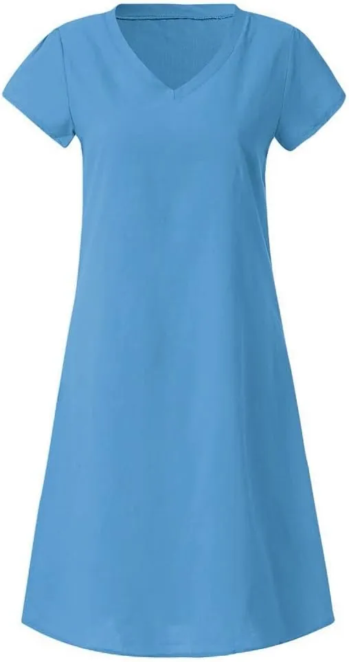 Casual Dresses for Women Plus Size Cotton Linen Midi Dress Loose Solid V Neck Short Sleeve Tshirt Dress Summer Dress