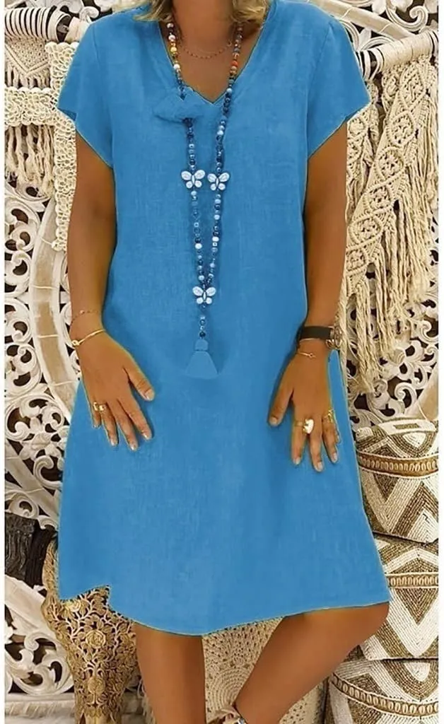 Casual Dresses for Women Plus Size Cotton Linen Midi Dress Loose Solid V Neck Short Sleeve Tshirt Dress Summer Dress