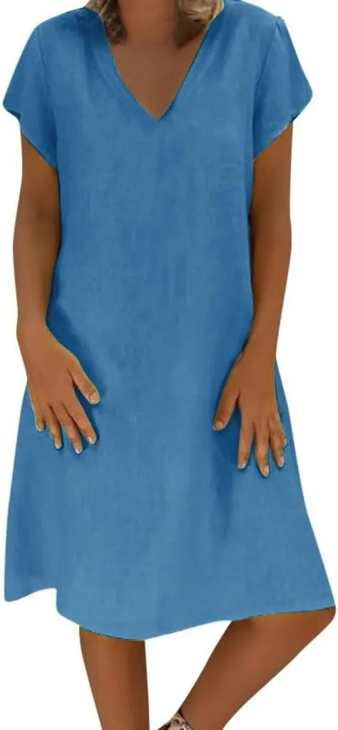Casual Dresses for Women Plus Size Cotton Linen Midi Dress Loose Solid V Neck Short Sleeve Tshirt Dress Summer Dress