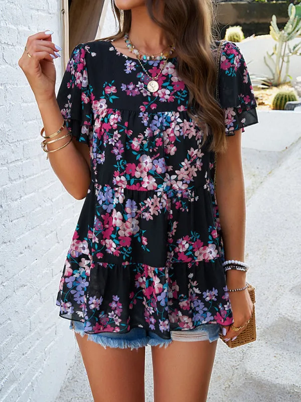 Catriona Women's Elegant Casual Printed Short-Sleeved Top Blouse