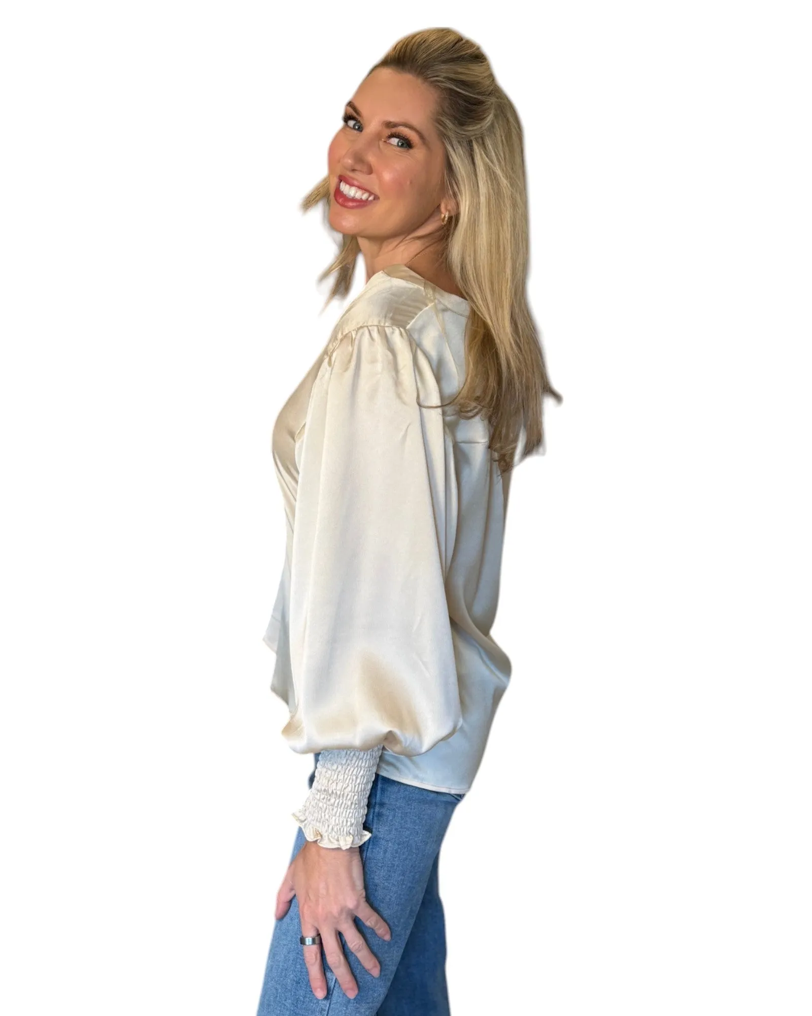 Champagne Satin V-Neck Tunic Blouse