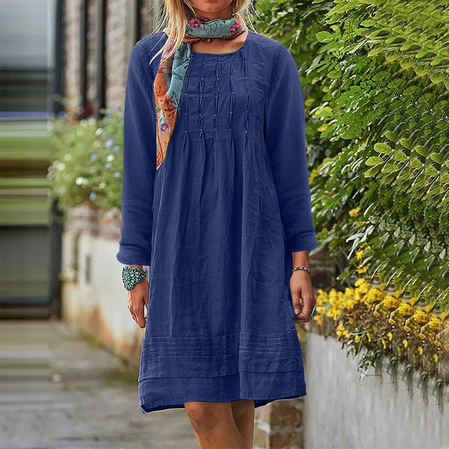 Cotton Linen Dress for Women Long Sleeve Casual Crew Neck Mini Dresses Loose Beach Vacation Bohemian Solid Sundress