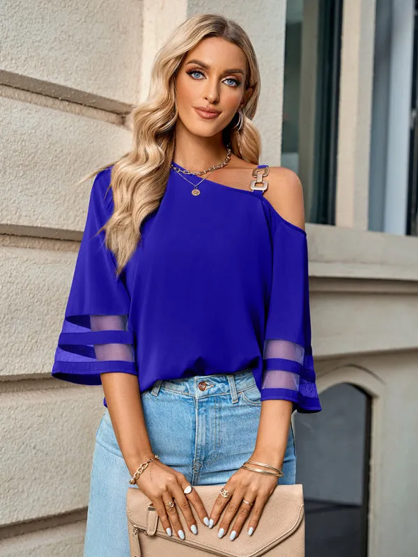 Danette Women's Elegant Solid Color Metal Buckle One-Shoulder Blouse