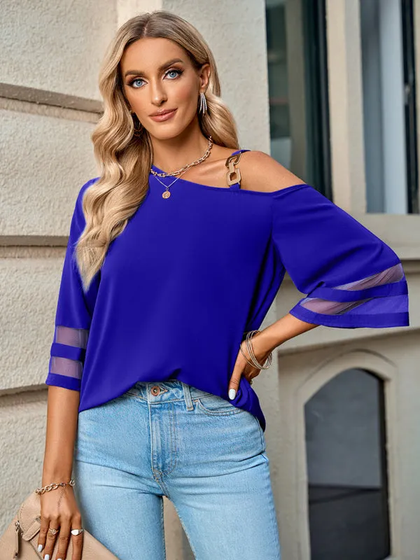 Danette Women's Elegant Solid Color Metal Buckle One-Shoulder Blouse