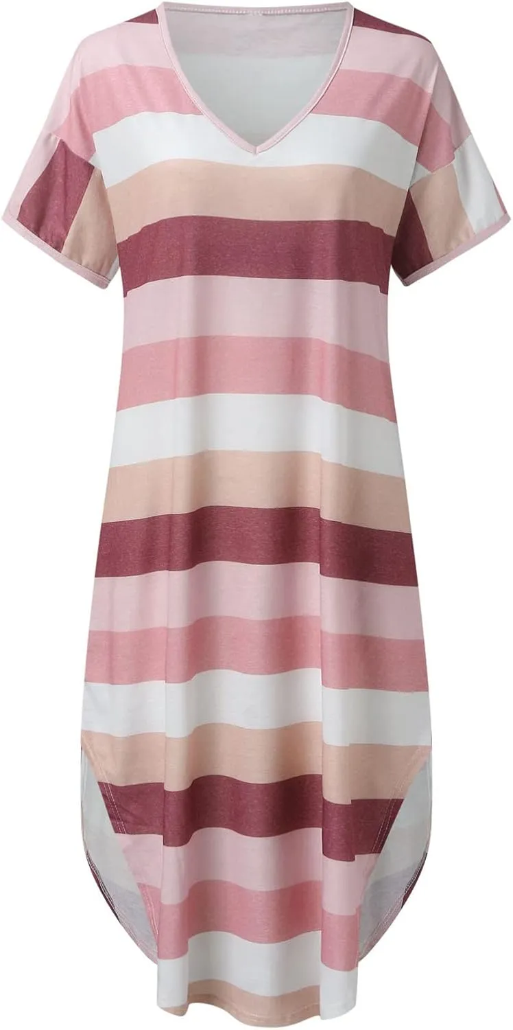 Dresses for Women 2024 Casual Loose V Neck Short Sleeve Midi Dress Striped Color Block Maternity Dress Summer Dress