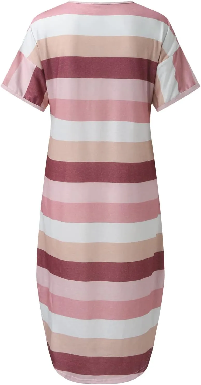 Dresses for Women 2024 Casual Loose V Neck Short Sleeve Midi Dress Striped Color Block Maternity Dress Summer Dress