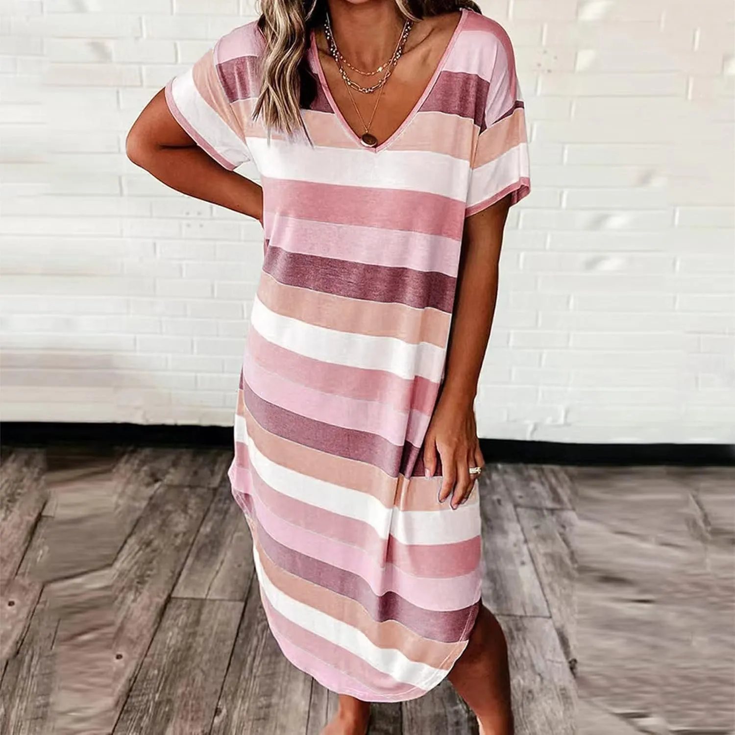 Dresses for Women 2024 Casual Loose V Neck Short Sleeve Midi Dress Striped Color Block Maternity Dress Summer Dress