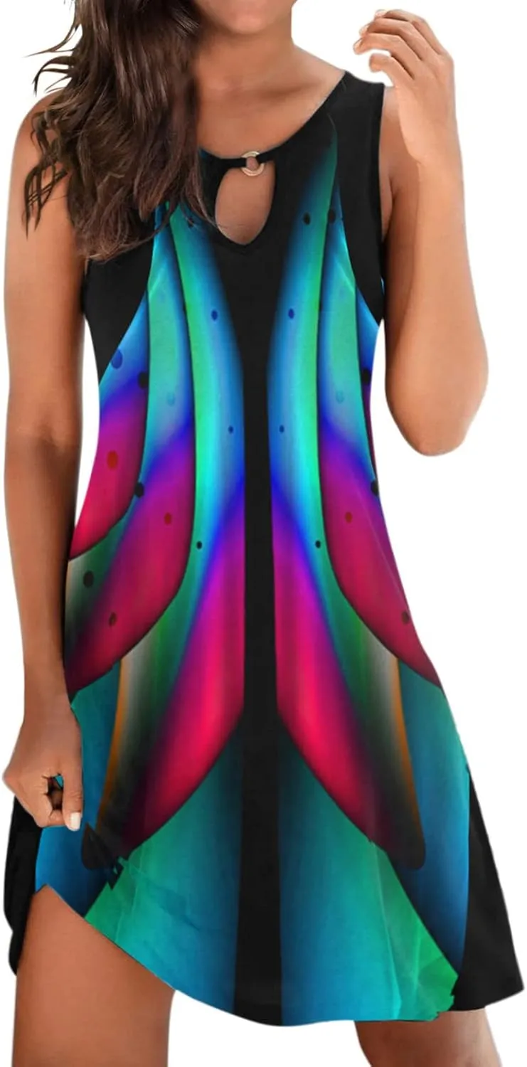 Dresses for Women 2024 Casual Short Sundress Printed Crewneck Sleeveless Tank Dress A Line Sun Dress Summer Dresses