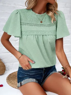 Elara Women's Elegant Solid Color Short-Sleeved Lace Blouse