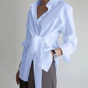 Fashion Women Shirt Blouse Long Sleeve Ruched Solid Color Tie Front Blouse for Office Ladies Elegant Autumn Sky Blue Shirt S2174384