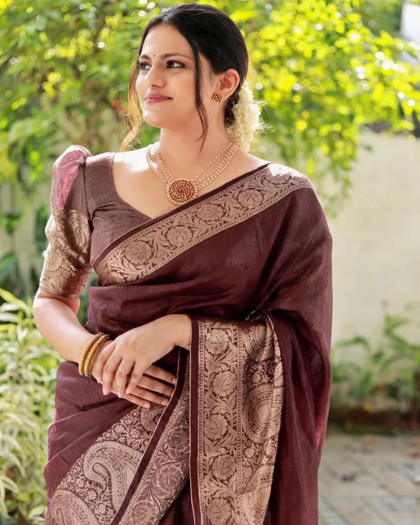 Flaunt Brown Soft Silk Saree With Fancifull Blouse Piece