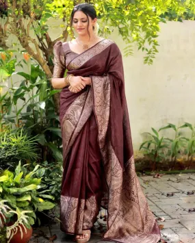 Flaunt Brown Soft Silk Saree With Fancifull Blouse Piece