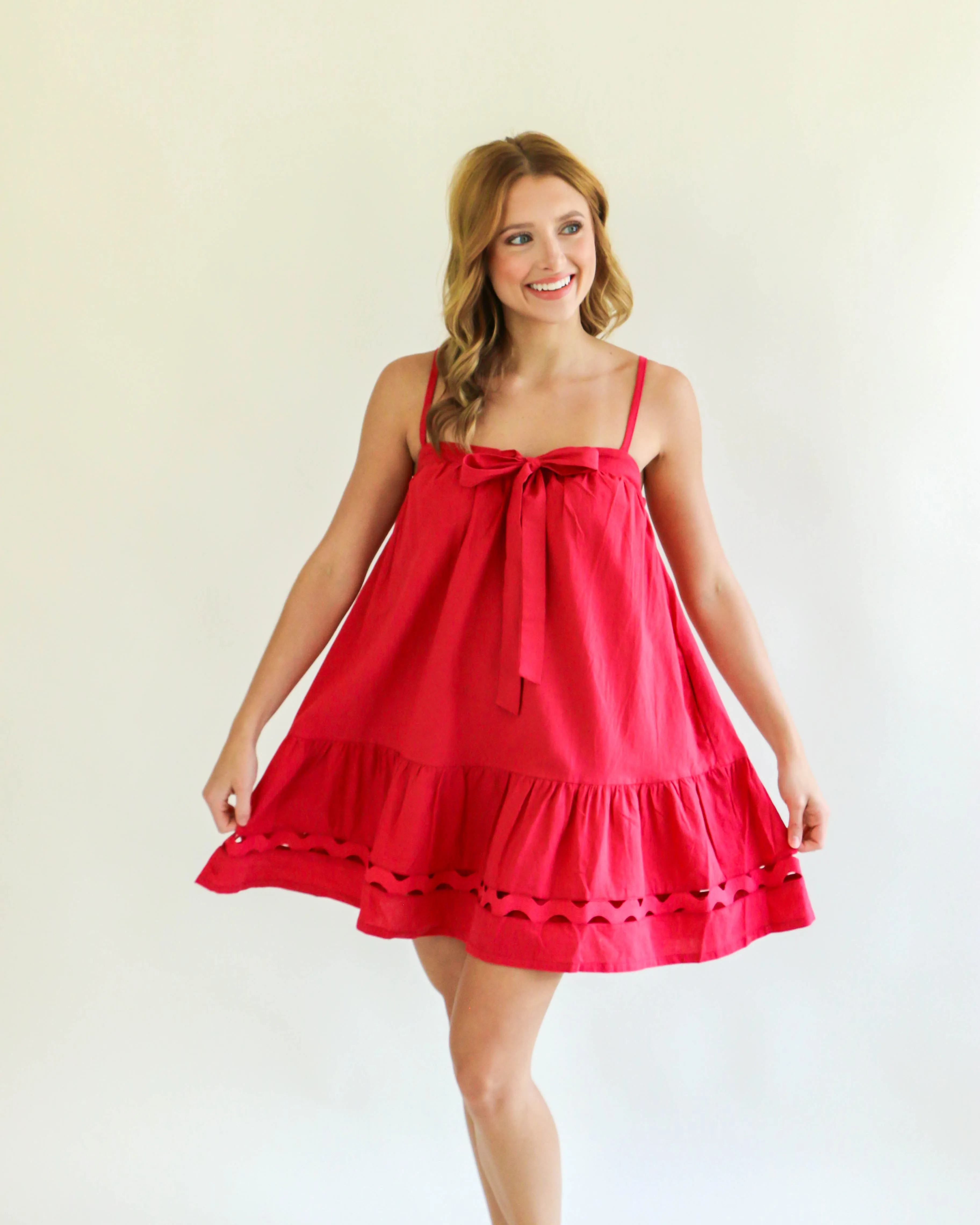 Flowy Tie Front Eyelet Detailed Tunic Dress in Crimson