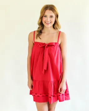 Flowy Tie Front Eyelet Detailed Tunic Dress in Crimson