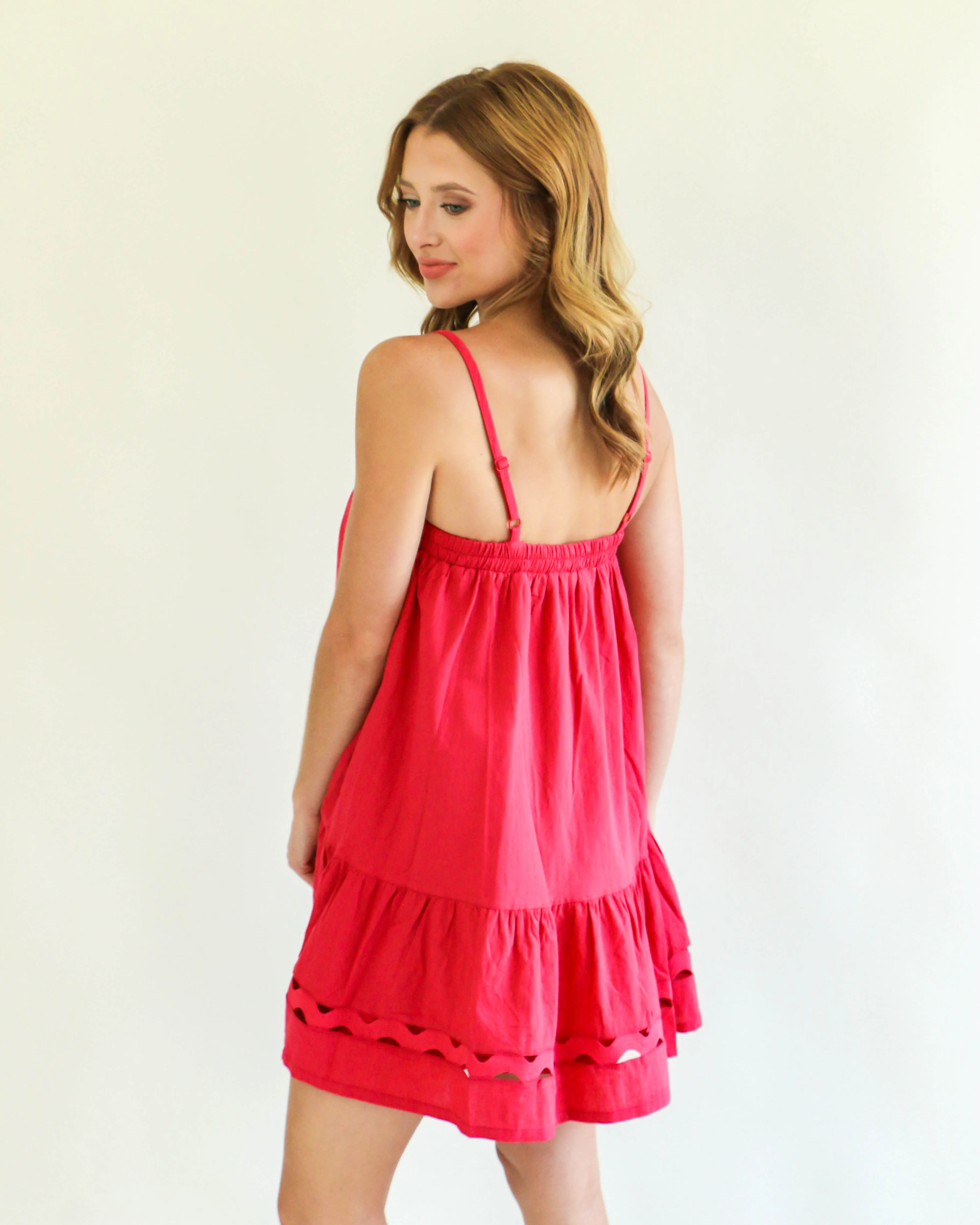 Flowy Tie Front Eyelet Detailed Tunic Dress in Crimson