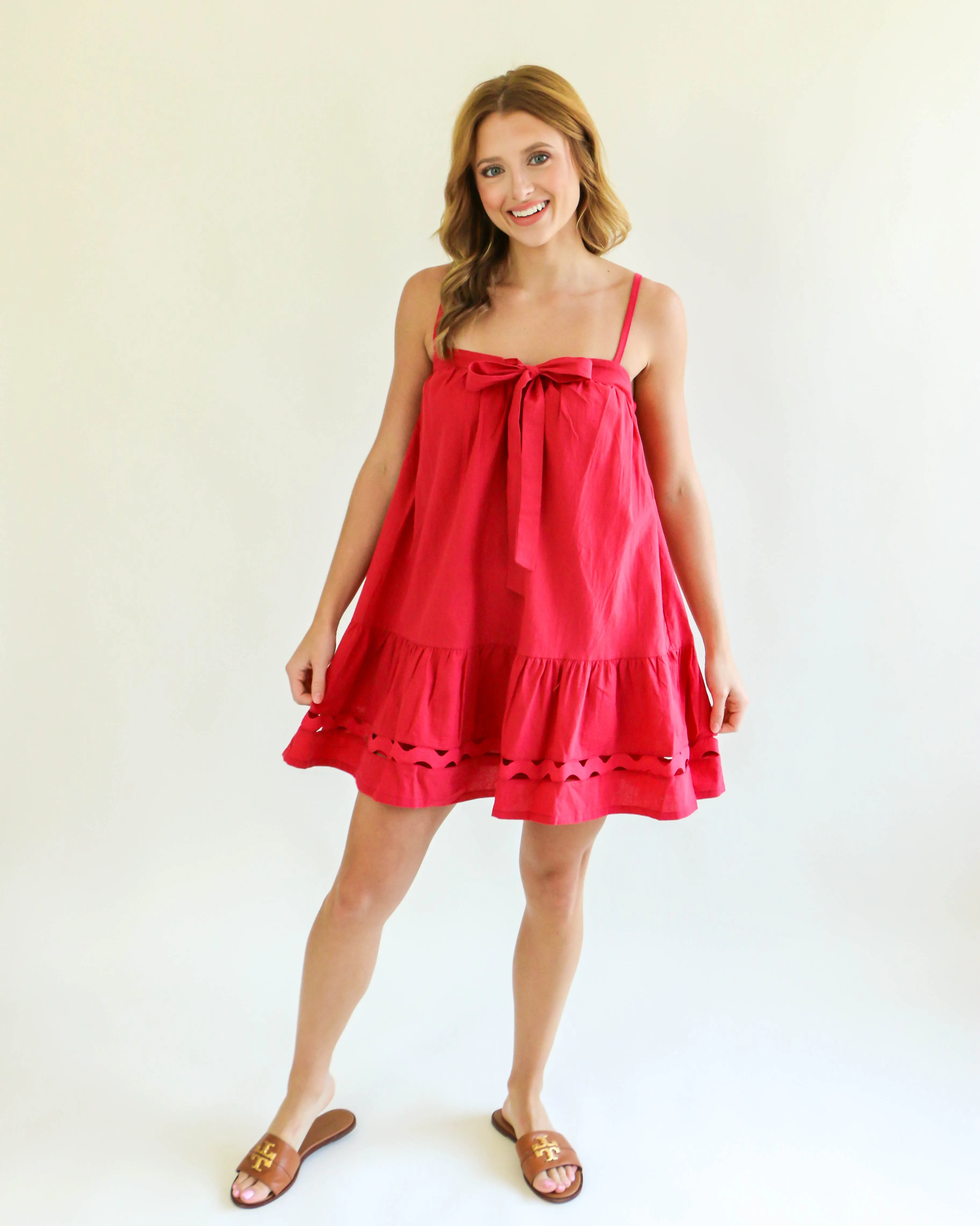 Flowy Tie Front Eyelet Detailed Tunic Dress in Crimson