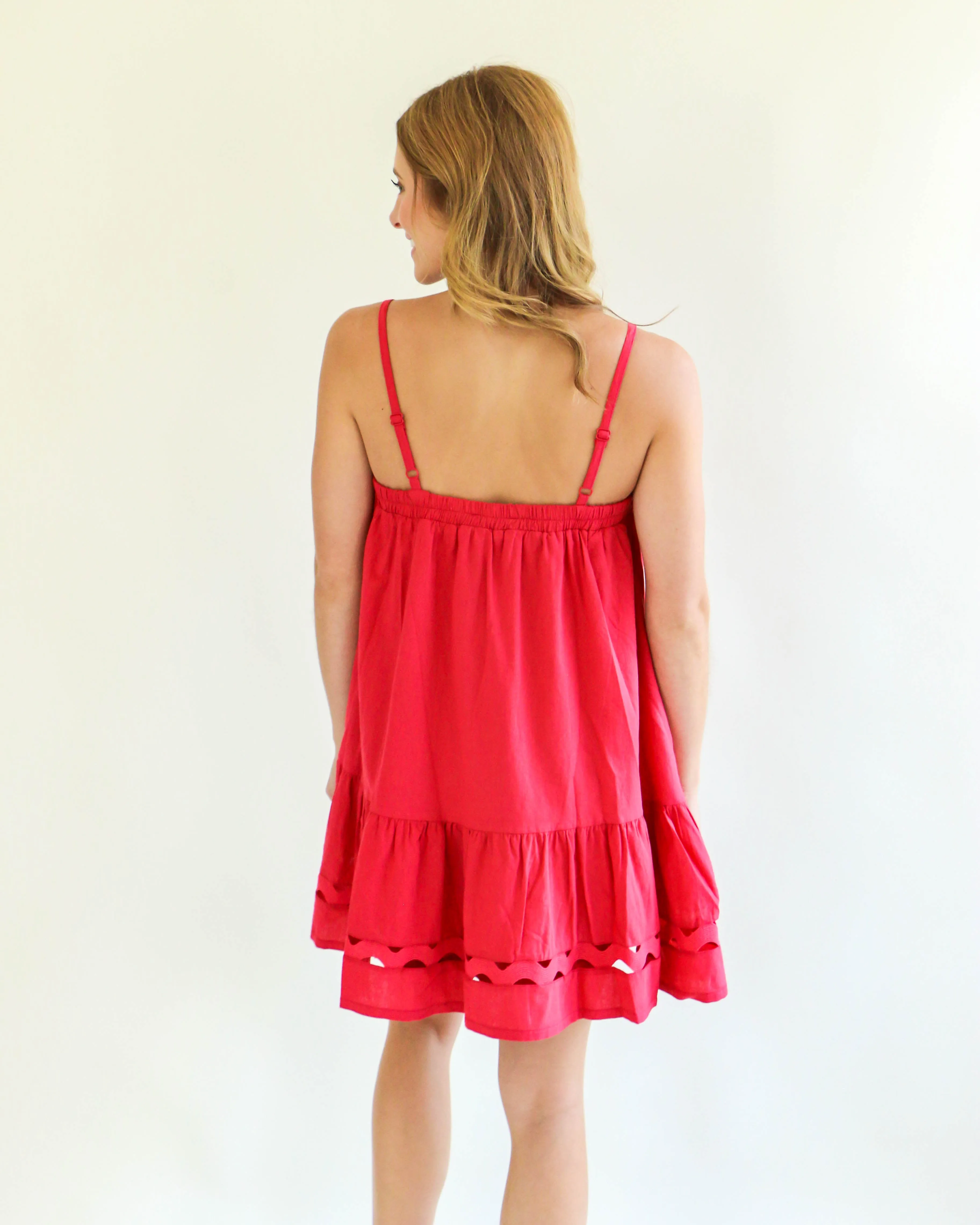 Flowy Tie Front Eyelet Detailed Tunic Dress in Crimson