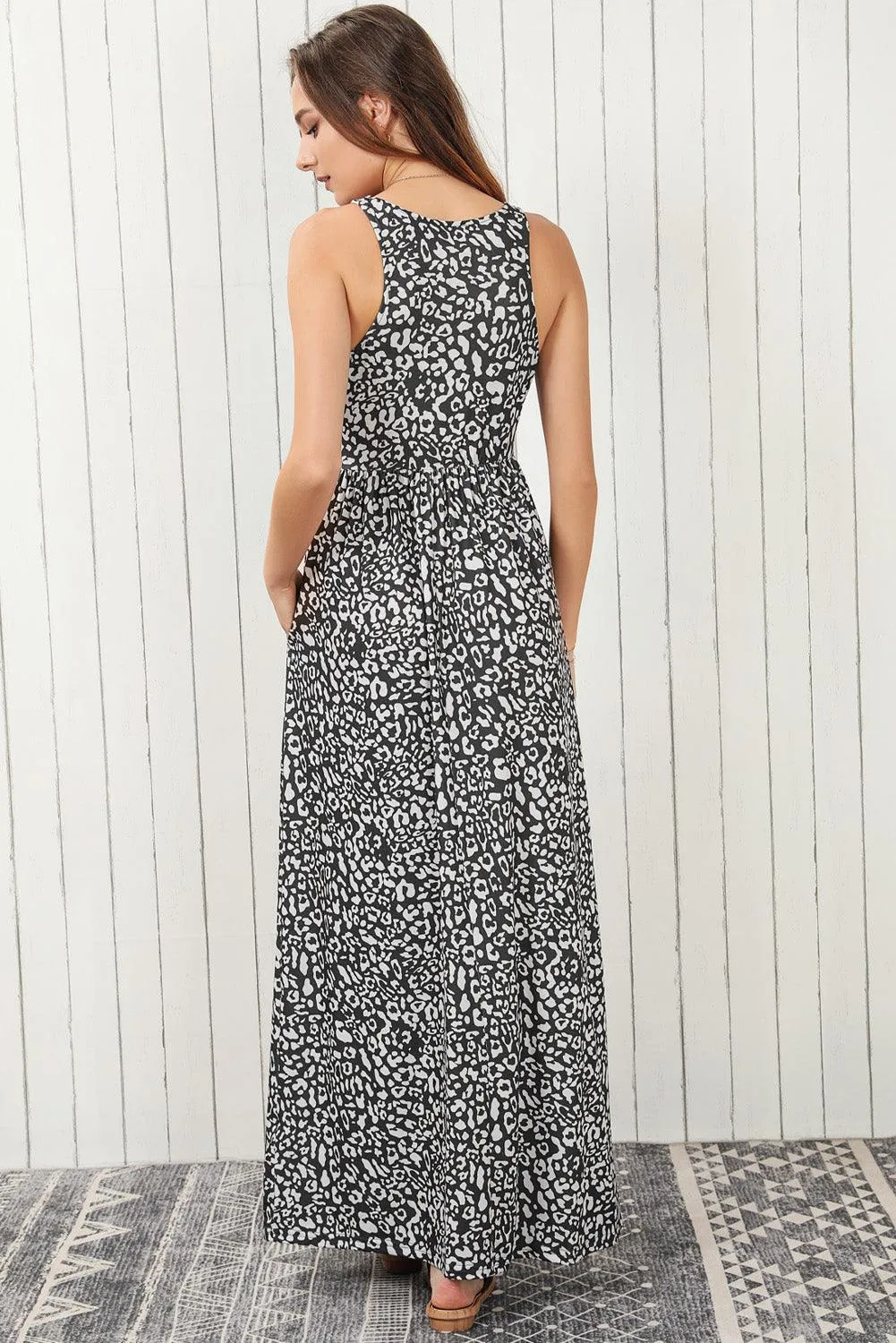 Grey Leopard Print Pocketed Sleeveless Maxi Dress
