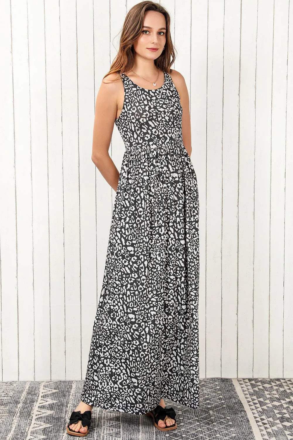 Grey Leopard Print Pocketed Sleeveless Maxi Dress