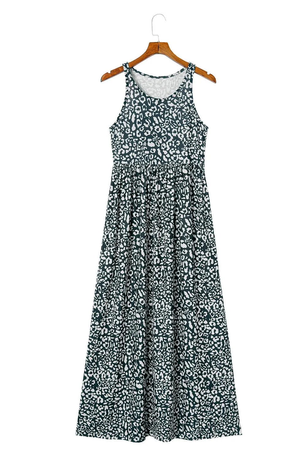 Grey Leopard Print Pocketed Sleeveless Maxi Dress