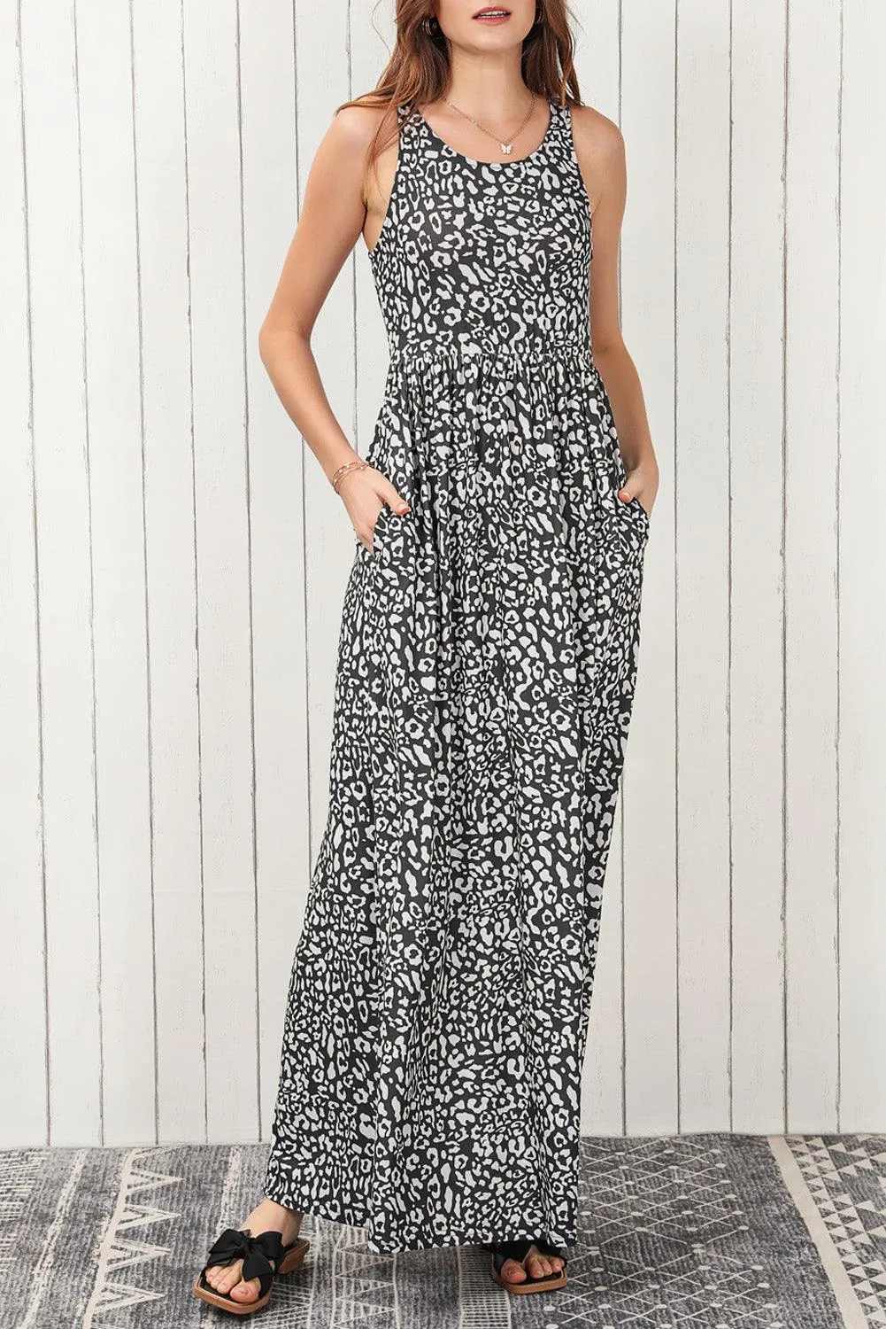 Grey Leopard Print Pocketed Sleeveless Maxi Dress