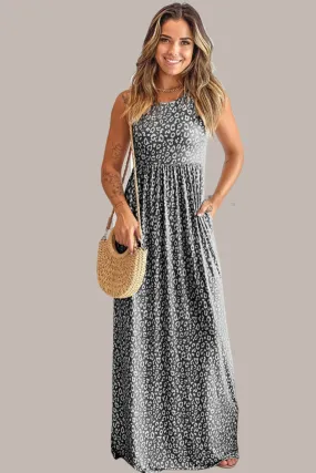 Grey Leopard Print Pocketed Sleeveless Maxi Dress