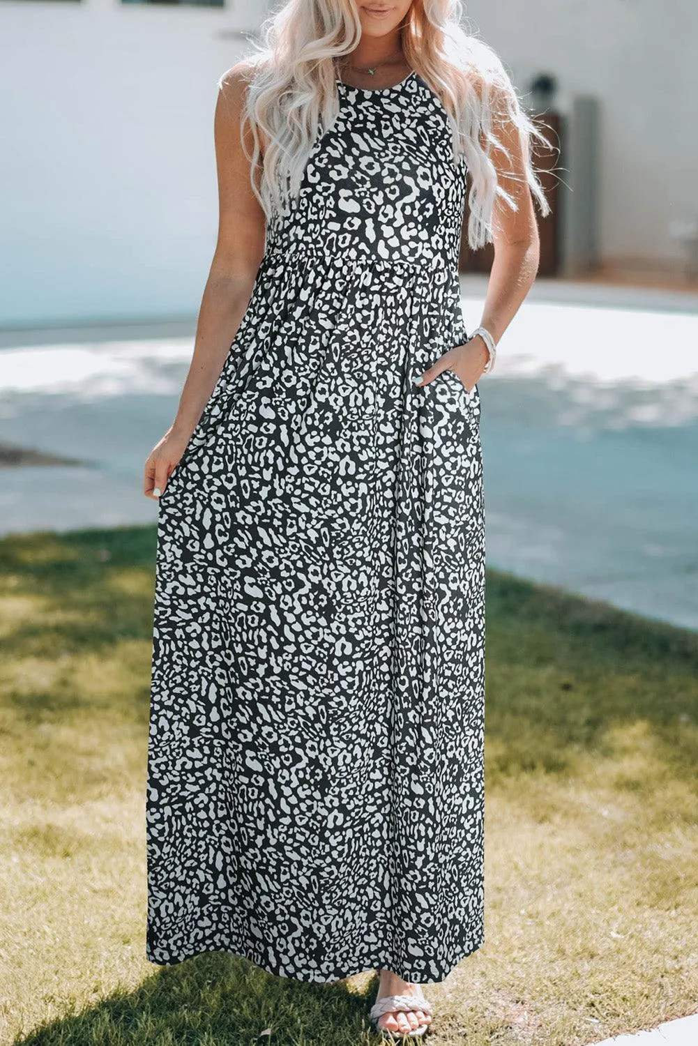 Grey Leopard Print Pocketed Sleeveless Maxi Dress