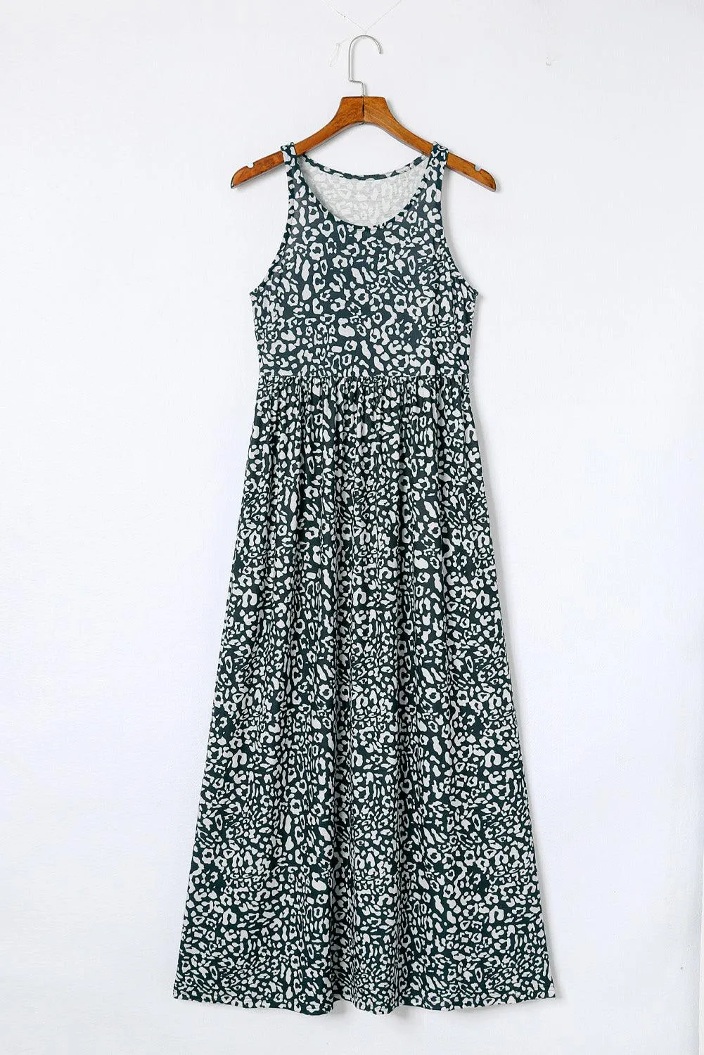 Grey Leopard Print Pocketed Sleeveless Maxi Dress