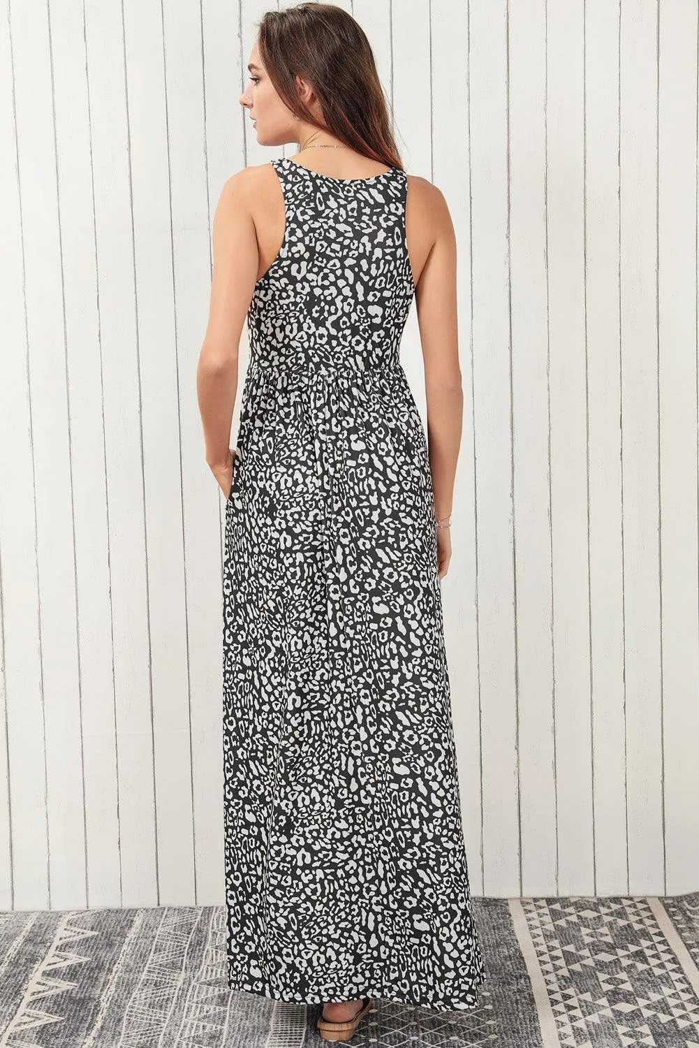 Grey Leopard Print Pocketed Sleeveless Maxi Dress