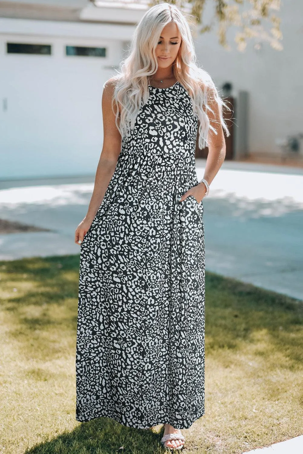 Grey Leopard Print Pocketed Sleeveless Maxi Dress