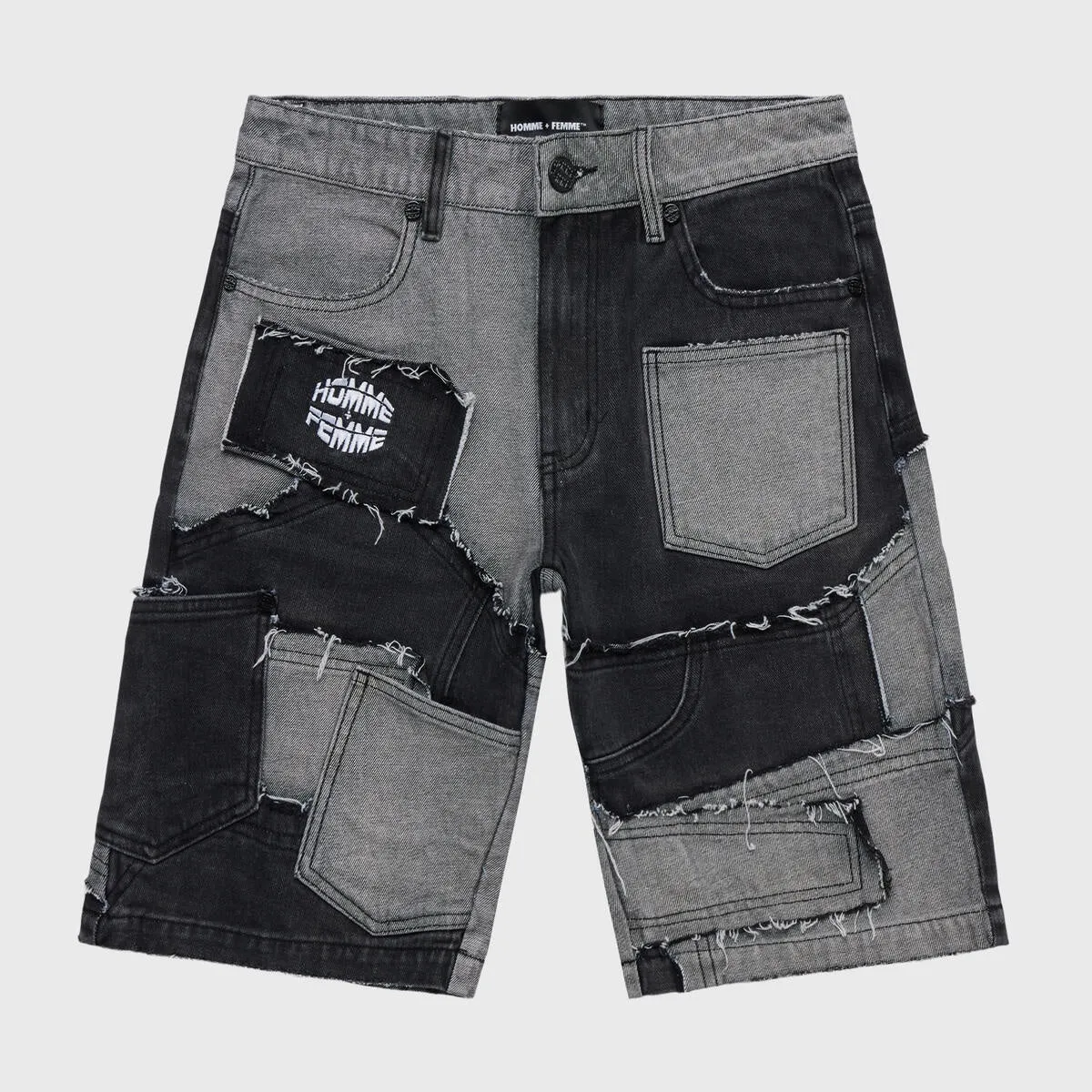 Homme   Femme "Patchwork" Denim Shorts - Black