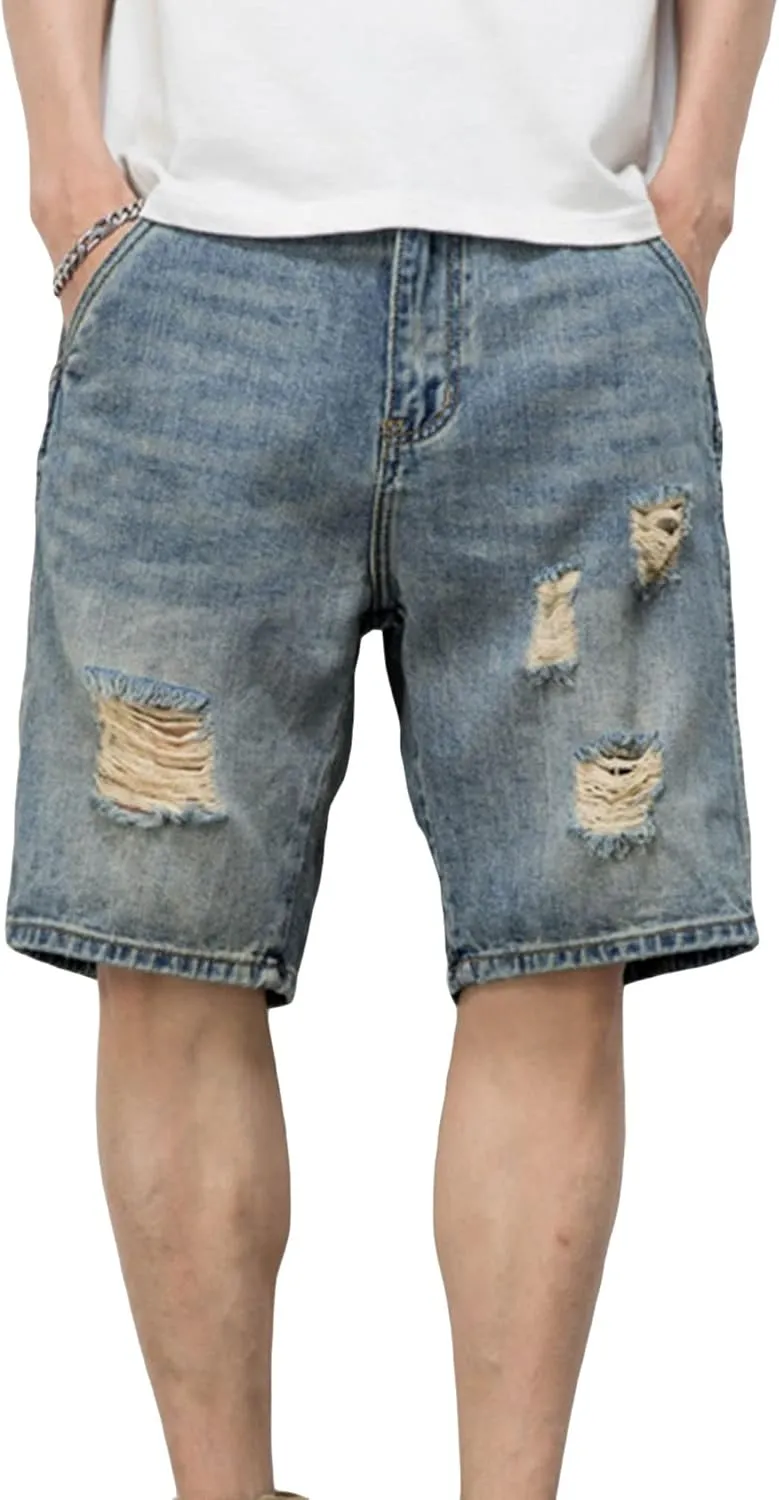 JEsilunmaMY Men's Trend Distressed Ripped Denim Shorts Relaxed Fit Straight Leg Jeans Shorts Summer Casual Wash Short Jeans