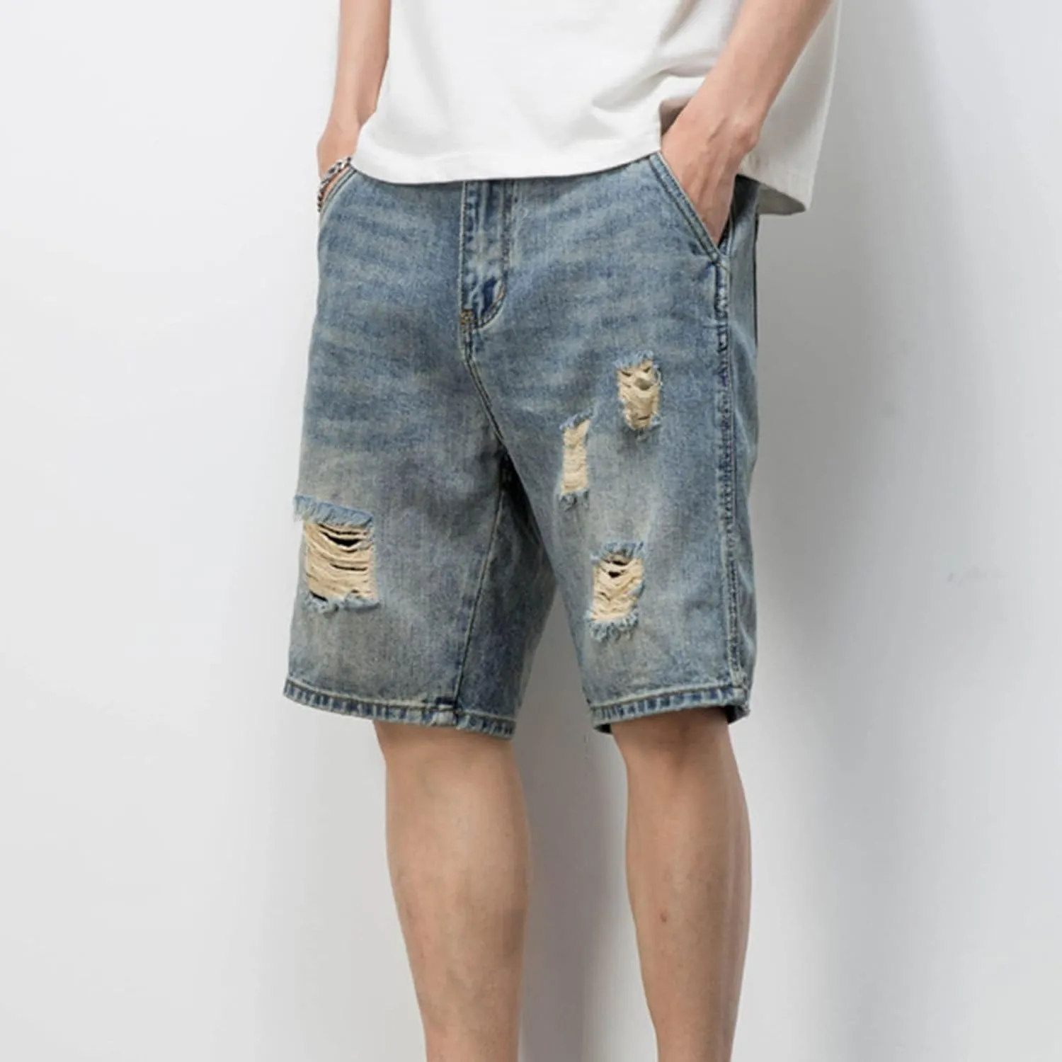 JEsilunmaMY Men's Trend Distressed Ripped Denim Shorts Relaxed Fit Straight Leg Jeans Shorts Summer Casual Wash Short Jeans