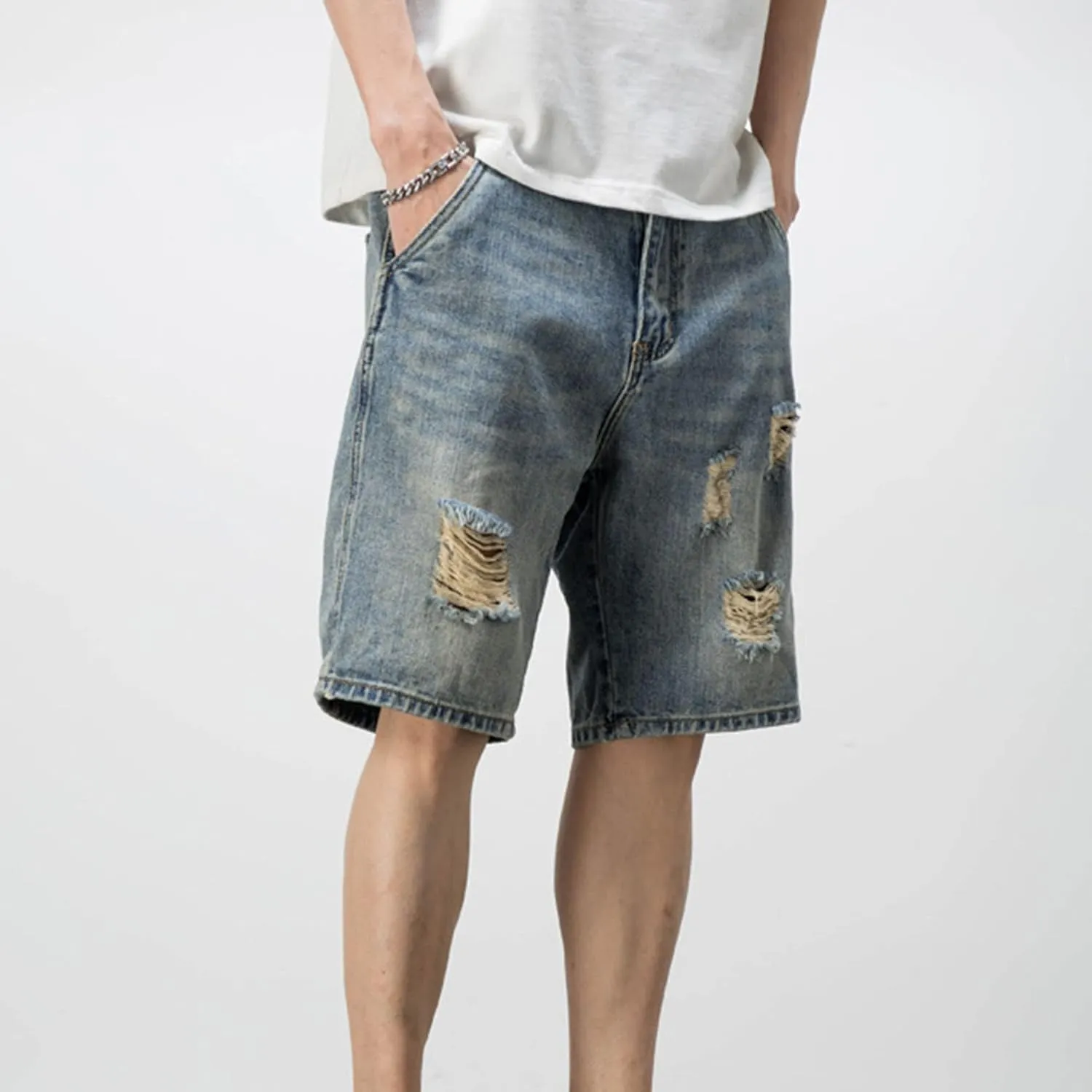 JEsilunmaMY Men's Trend Distressed Ripped Denim Shorts Relaxed Fit Straight Leg Jeans Shorts Summer Casual Wash Short Jeans
