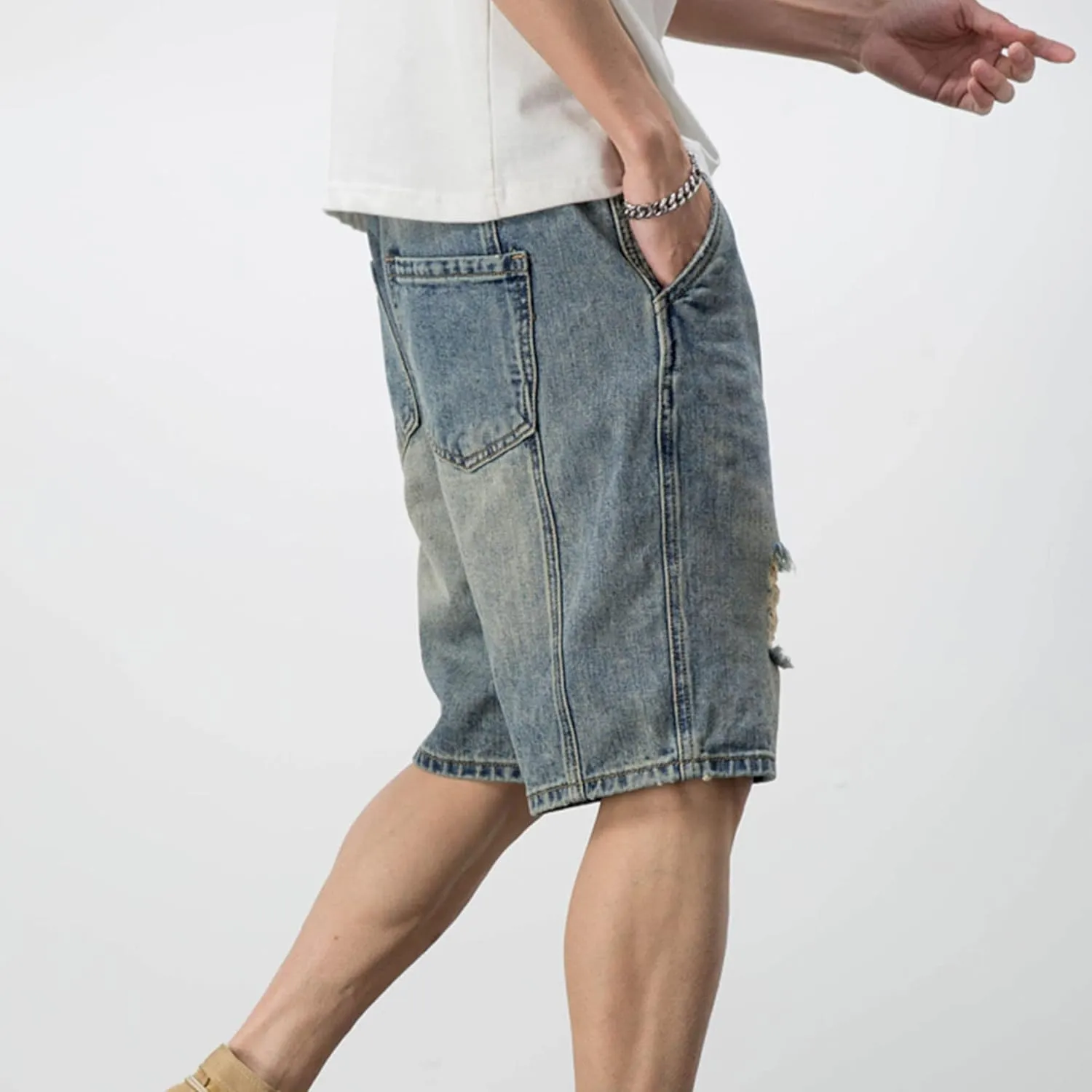 JEsilunmaMY Men's Trend Distressed Ripped Denim Shorts Relaxed Fit Straight Leg Jeans Shorts Summer Casual Wash Short Jeans