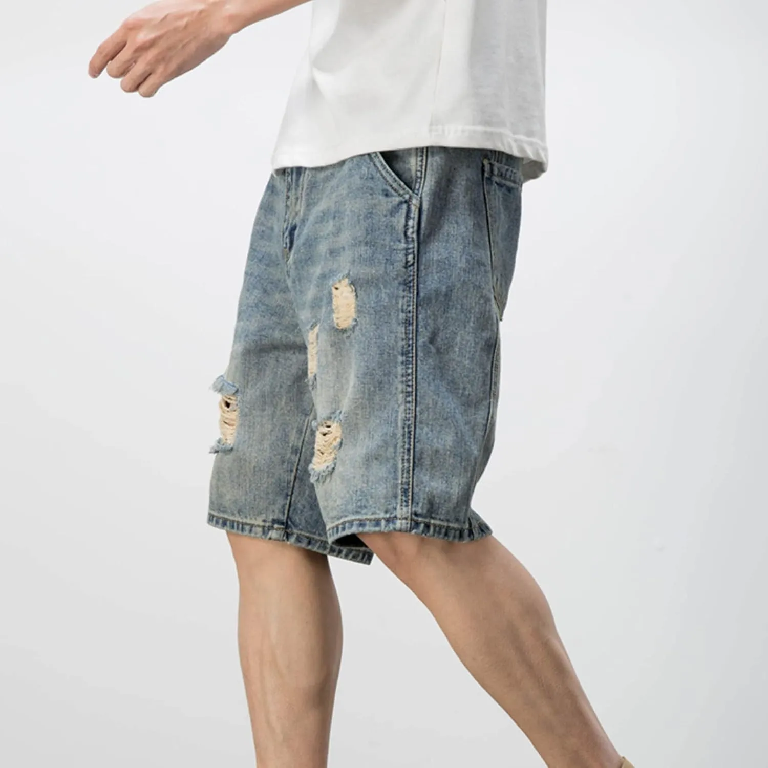 JEsilunmaMY Men's Trend Distressed Ripped Denim Shorts Relaxed Fit Straight Leg Jeans Shorts Summer Casual Wash Short Jeans