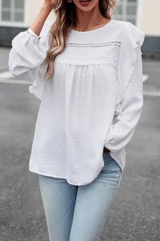 Lace Eyelet Ruffle Shoulder Long Sleeve Blouse