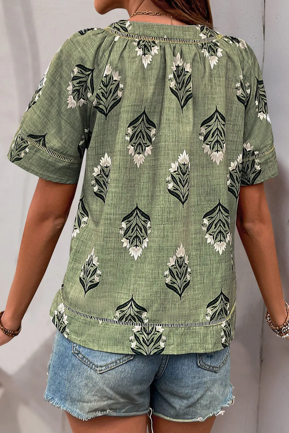 Laurel Green Floral Print Short Sleeve V-Neck Blouse