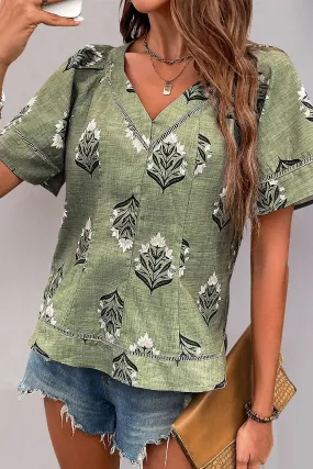 Laurel Green Floral Print Short Sleeve V-Neck Blouse