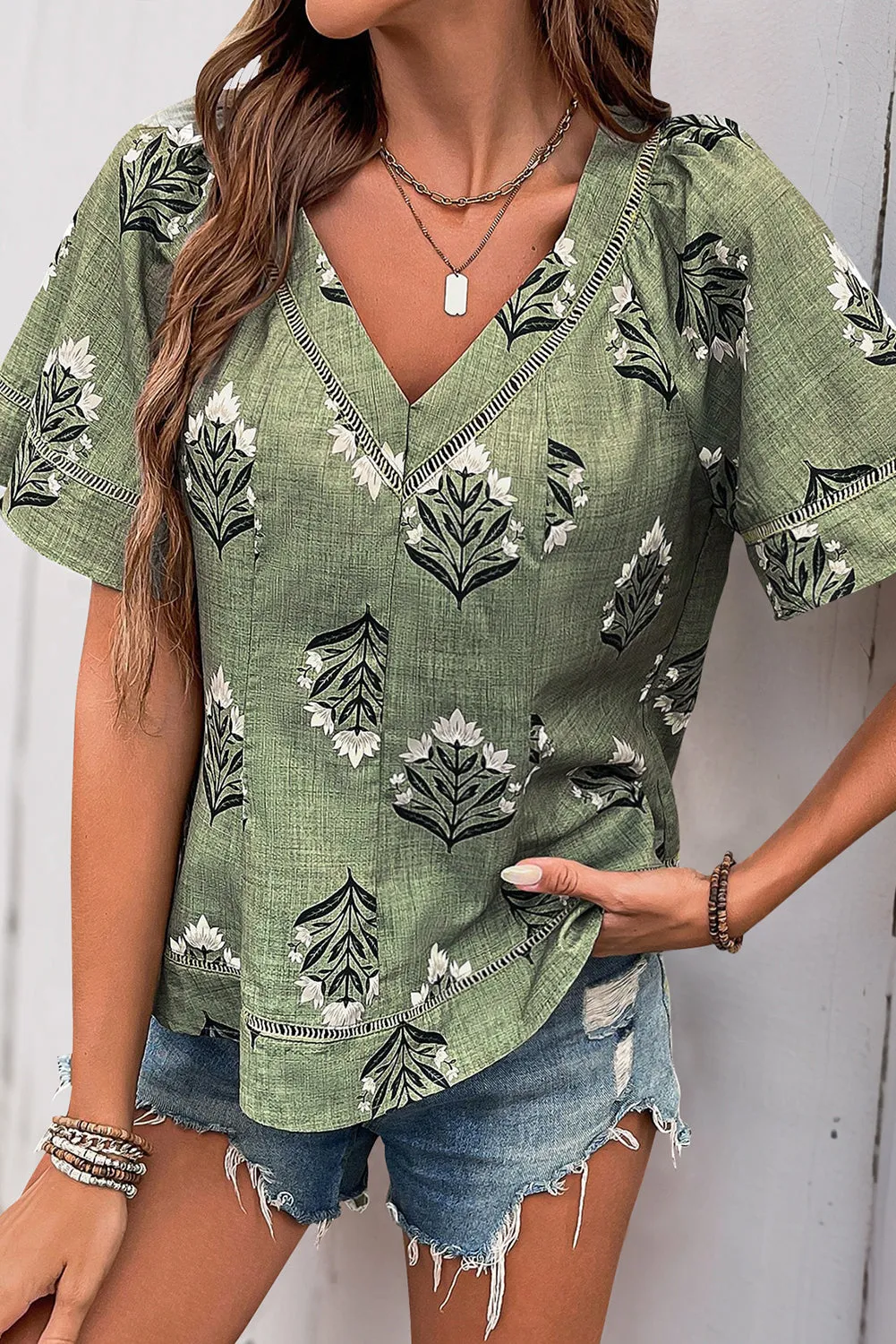 Laurel Green Floral Print Short Sleeve V-Neck Blouse